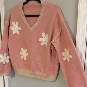 SHEIN Pink V-Neck Sweater with White Floral Accents